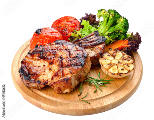 Obraz na płótnie Grilled Pork Steak with Vegetables Isolated Food Photography BBQ Cuisine Culinary w salonie