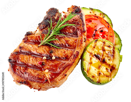 Obraz na płótnie Grilled Pork Steak with Vegetables Isolated on Transparent Background Food Photo w salonie