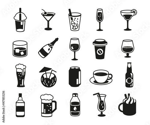 Drink icons. Set of 20 drink trendy minimal icons. Cocktail, Coffee Cup, Wine Glass, Beer Mug, Champagne Bottle icon. Design signs for web page, mobile app, packaging design. Vector illustration.