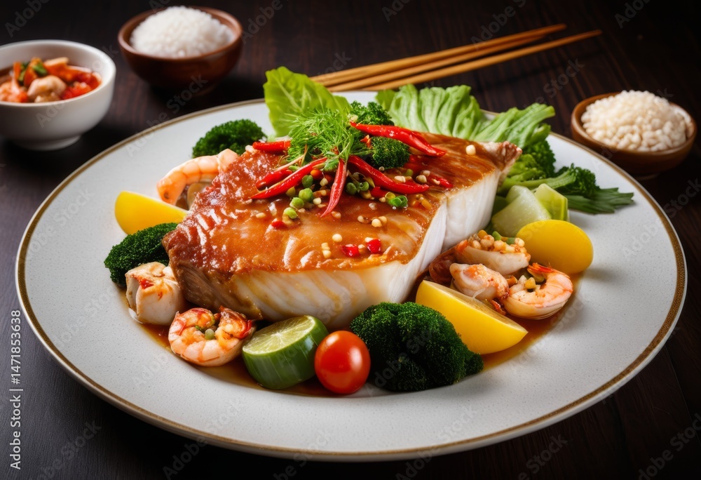 There is a plate of food with shrimp broccoli shrimp inside There is a plate of food with shrimp broccoli shrimp inside