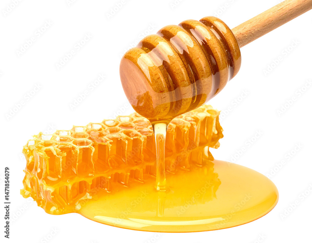 Honeycomb with Dripping Honey and Wooden Dipper Isolated on Transparent Background