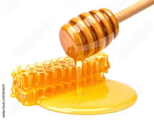 Honeycomb with Dripping Honey and Wooden Dipper Isolated on Transparent Background
