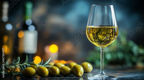 Elegant glass of white wine with olives and bottles.