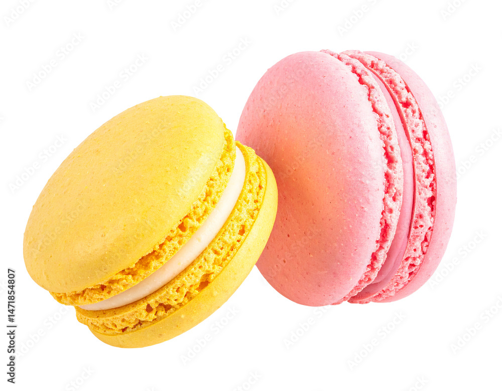 Two Colorful Macarons Isolated Sweet Treat Pink and Yellow French Pastry