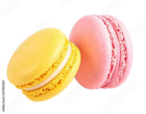 Obraz na płótnie Two Colorful Macarons Isolated Sweet Treat Pink and Yellow French Pastry w salonie