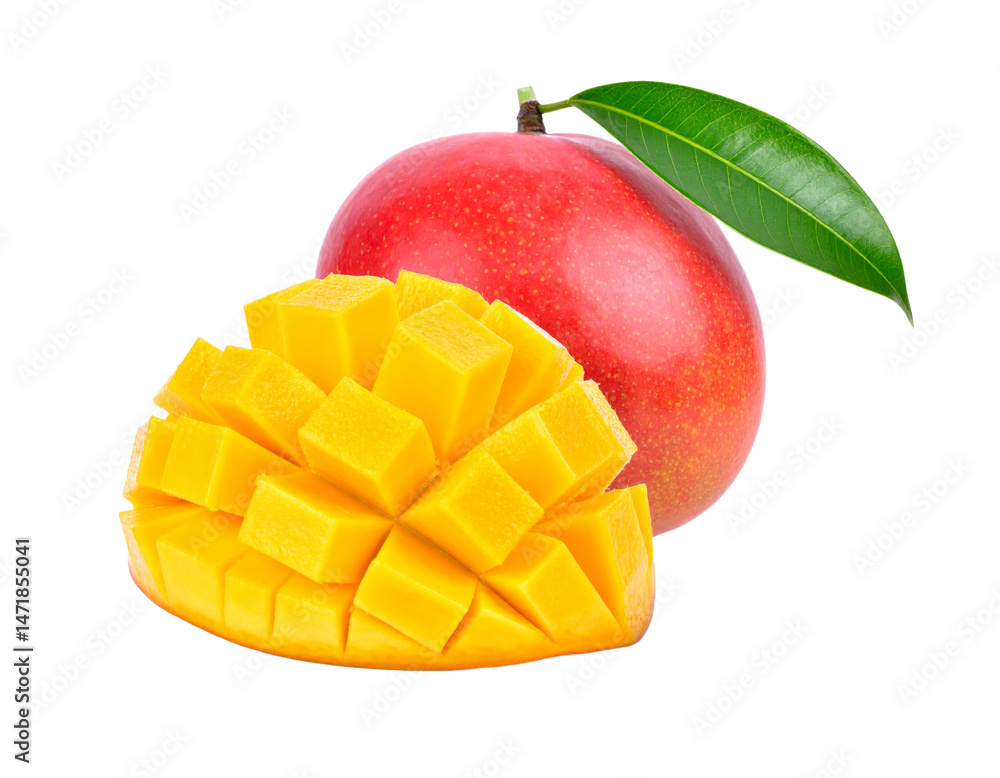 Fresh Mango Fruit with Cubes Isolated on Transparent Background Healthy Tropical Food