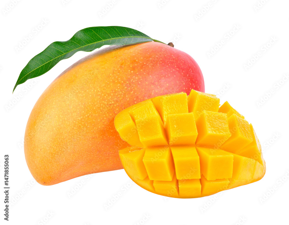 Fresh ripe mango fruit with green leaf and juicy cubes isolated on transparent background