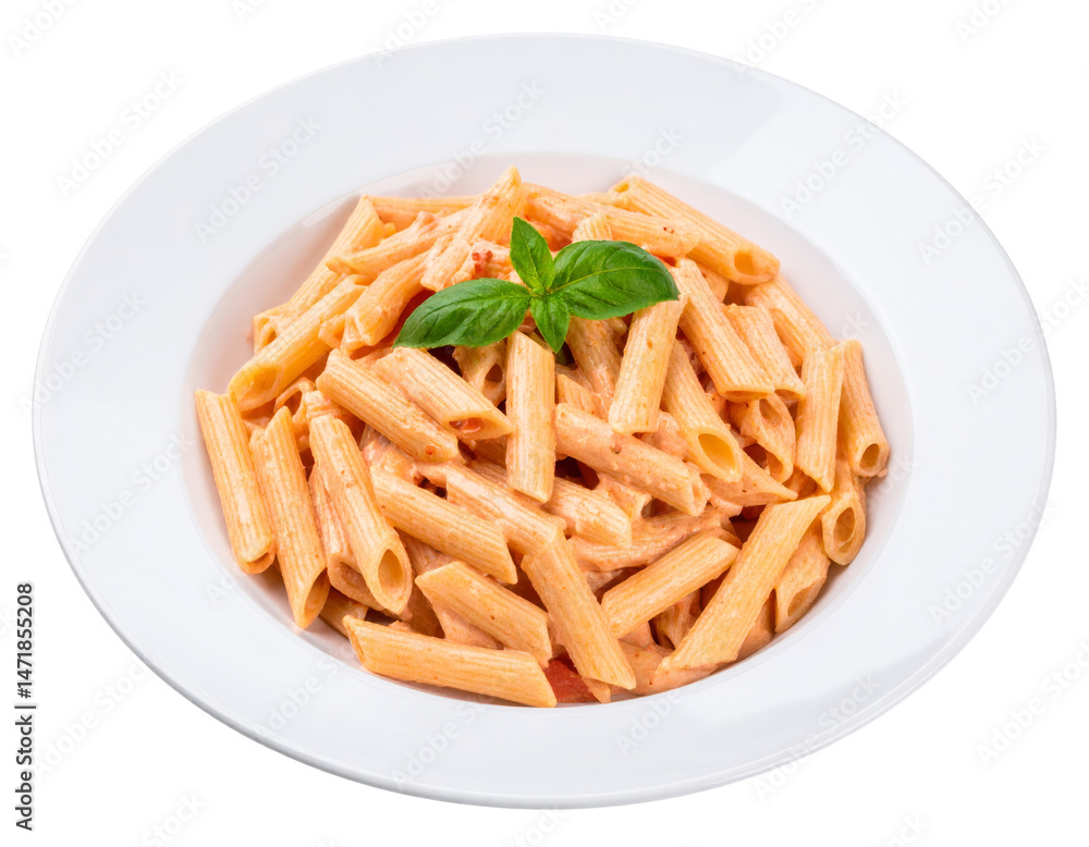 Penne Pasta with Tomato Cream Sauce and Basil Isolated on Transparent Background