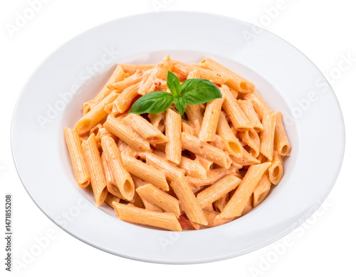 Obraz na płótnie Penne Pasta with Tomato Cream Sauce and Basil Isolated on Transparent Background w salonie