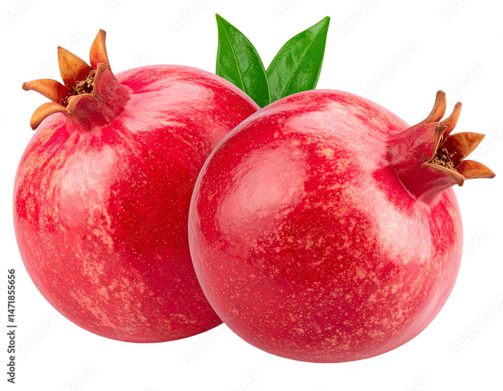 Two Pomegranates Fresh Ripe Red Fruit Isolated on Transparent Background Food Healthy