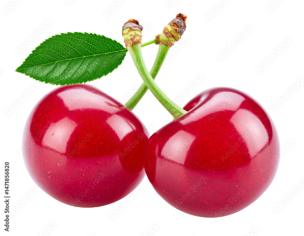 Two Ripe Red Cherries with Leaf Isolated Fresh Fruit Transparent Background