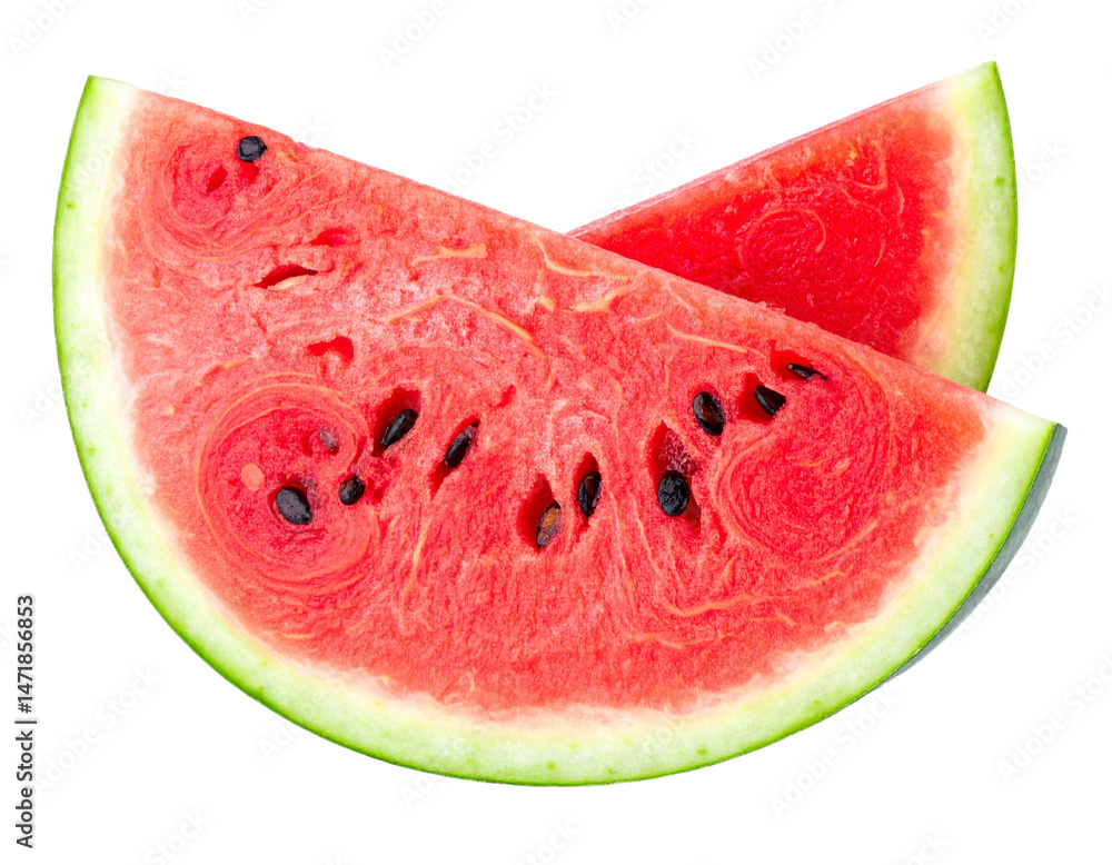 Two Watermelon Slices Isolated on Transparent Background Fresh Ripe Juicy Summer Fruit