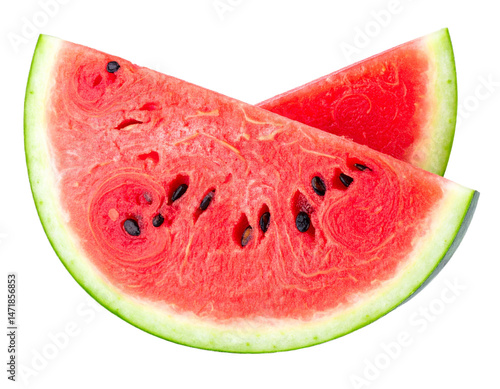 Obraz na płótnie Two Watermelon Slices Isolated on Transparent Background Fresh Ripe Juicy Summer Fruit w salonie