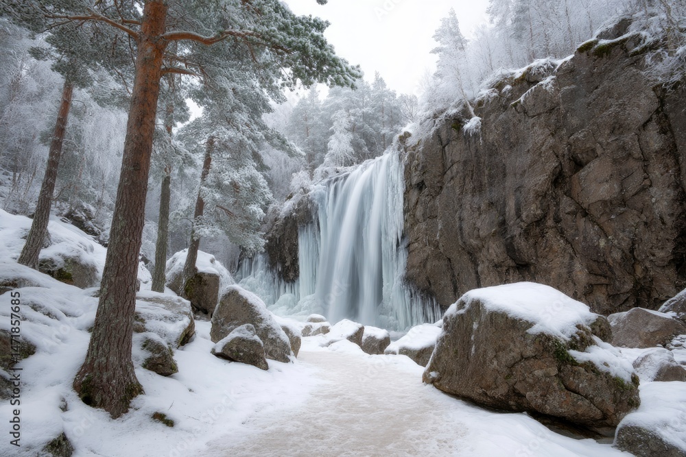 Frozen Waterfall in Winter Wonderland: Serene Icy Landscape Frozen Waterfall in Winter Wonderland: Serene Icy Landscape