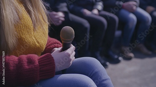 Serious journalist holding microphone interviewing politician in formal setting, news reporter covering political event, media and journalism concept.