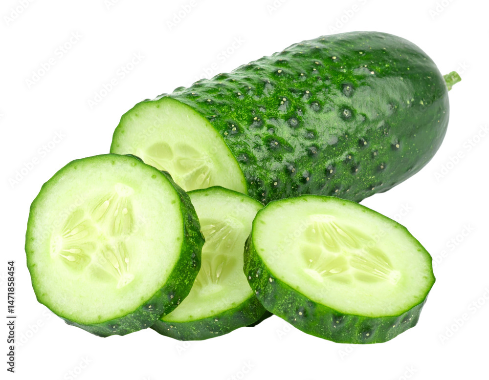 Fresh Cucumber Isolated Closeup Sliced Green Vegetable Healthy Food Ingredient on Transparent