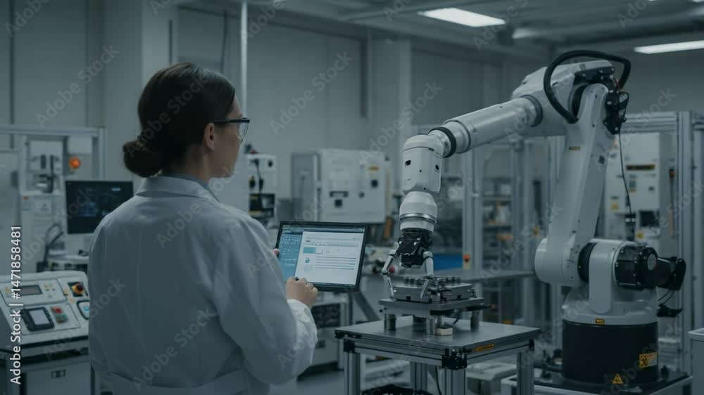 Female Scientist Monitoring Robotic Arm in Advanced Manufacturing Lab, Operations and Automation Technology Development for Modern Industry Female Scientist Monitoring Robotic Arm in Advanced Manufacturing Lab, Operations and Automation Technology Development for Modern Industry