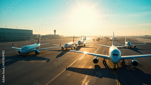 Multiple passenger airplanes preparing for departure lined up on airport runway under a bright sunny sky