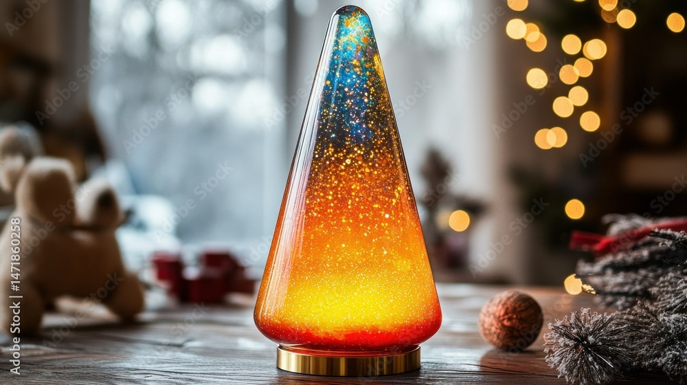 Fototapeta premium Festive, decorative, cone-shaped, light-up, Christmas, tree-shaped, lamp. Colorful, gradient, glass, illuminated, orb, nightlight