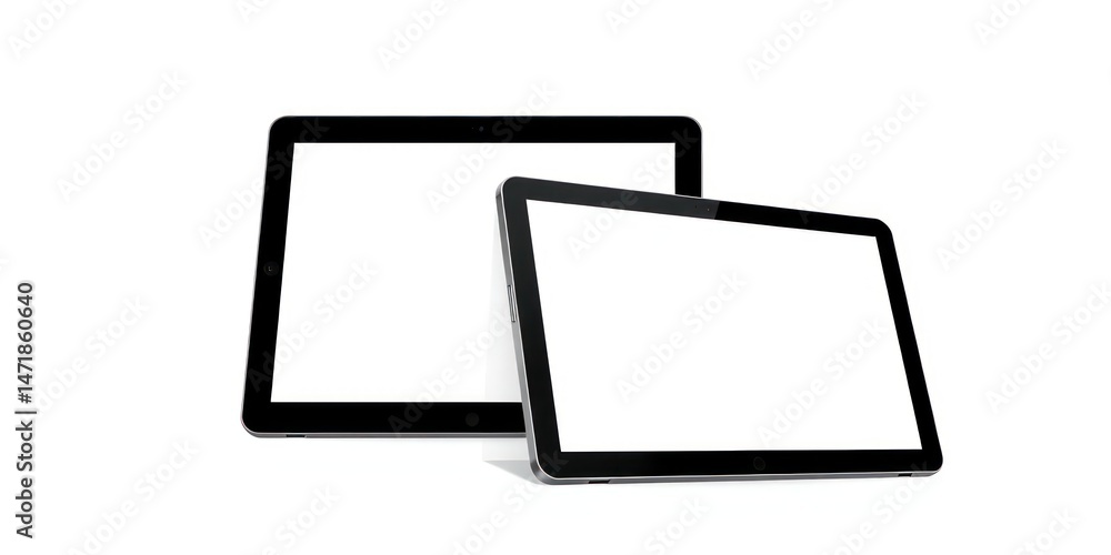 Two blank screen tablets angled on a white background, perfect for app presentations Two blank screen tablets angled on a white background, perfect for app presentations