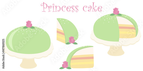 Swedish Prinsesstårta (Princess Cake), featuring soft green marzipan, white cream, and jelly layers. Vector illustration.