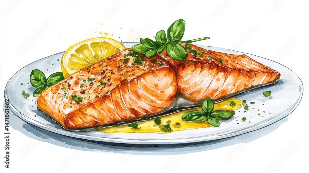 Hand-drawn illustration of two pieces of cooked salmon. Hand-drawn illustration of two pieces of cooked salmon.