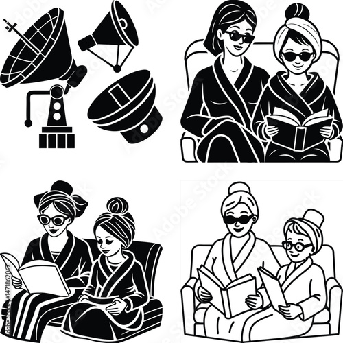 Satellite Dishes and Women Relaxing in Bathrobes Reading Books