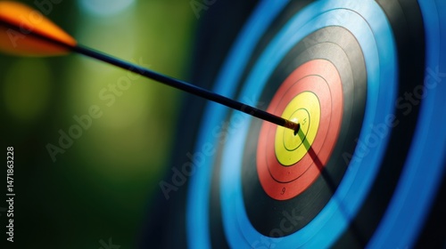 Close-up of an arrow striking the bullseye of a colorful archery target in a lush outdoor setting