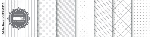 Collection of grey geometric seamless patterns. Simple dotted and striped textures - repeatable unusual monochrome backgrounds. Textile endless prints