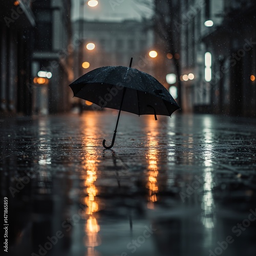 Wallpaper Mural Floating umbrella in empty rainy street at night Torontodigital.ca