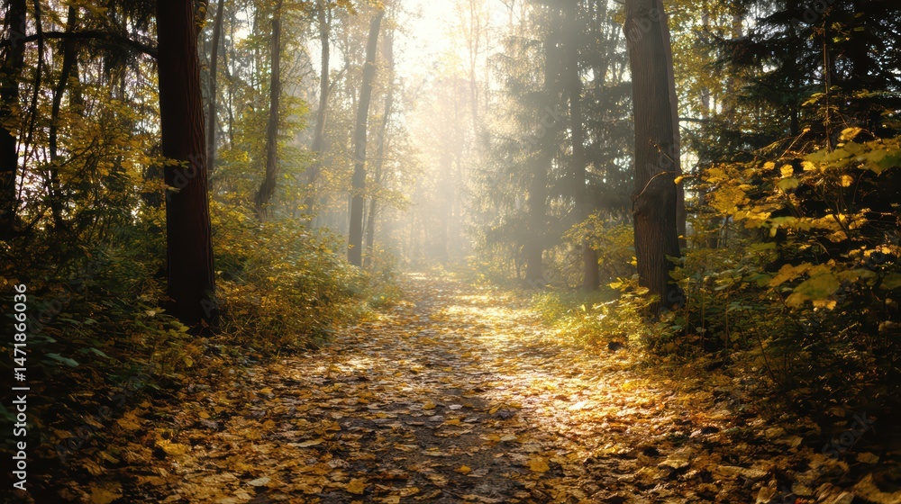 Fototapeta premium Autumn Forest Trail with Golden Leaves Carpet, Sunlight Filtering Through Trees in Peaceful Natural Setting.