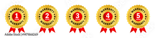 Set of golden warranty badges with red ribbons showing 1 to 5 years. Ideal for product labels, branding, quality assurance, and promotional use. warranty, guarantee, icon, business, illustration.
