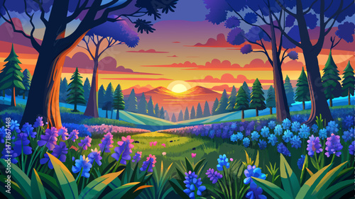 Sunset over a vibrant field of bluebell  flowers with a backdrop of dark green trees in a tranquil outdoor setting Very beautiful