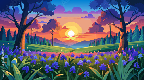 Sunset over a vibrant field of bluebell  flowers with a backdrop of dark green trees in a tranquil outdoor setting Very beautiful