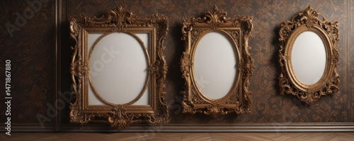 Ornate frames in various shapes against rich damask backdrop ,  backdrop,  frames