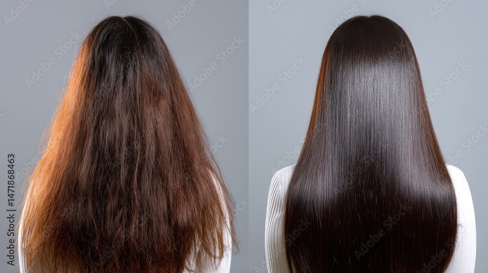 Fototapeta premium before and after hair treatment, straight to curly long brown hair