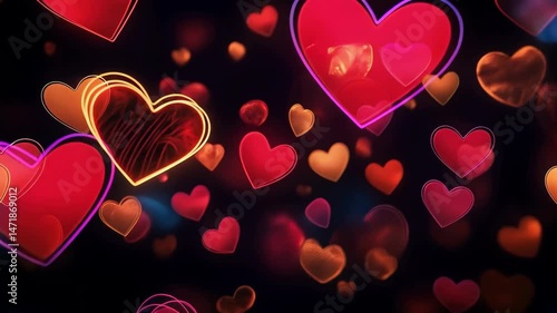 Illuminated heart shapes with blurred and glowing effects, creating a festive and romantic atmosphere for Valentine's Day.