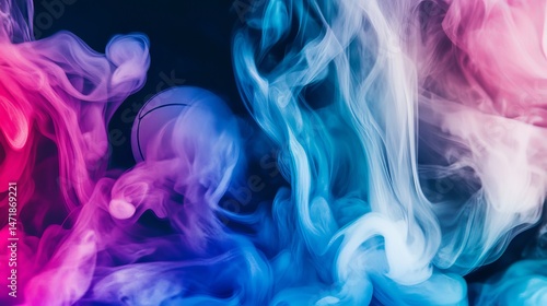 A basketball is surrounded by smoke. The smoke is purple, blue, and red. The basketball is white
