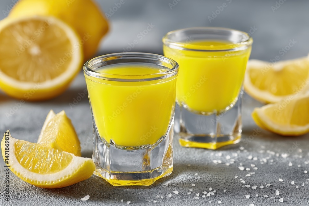Close-up of two shot glasses filled with vibrant yellow limoncello liqueur, surrounded by fresh lemon halves and wedges on a speckled gray surface, a citrus delight. Close-up of two shot glasses filled with vibrant yellow limoncello liqueur, surrounded by fresh lemon halves and wedges on a speckled gray surface, a citrus delight.