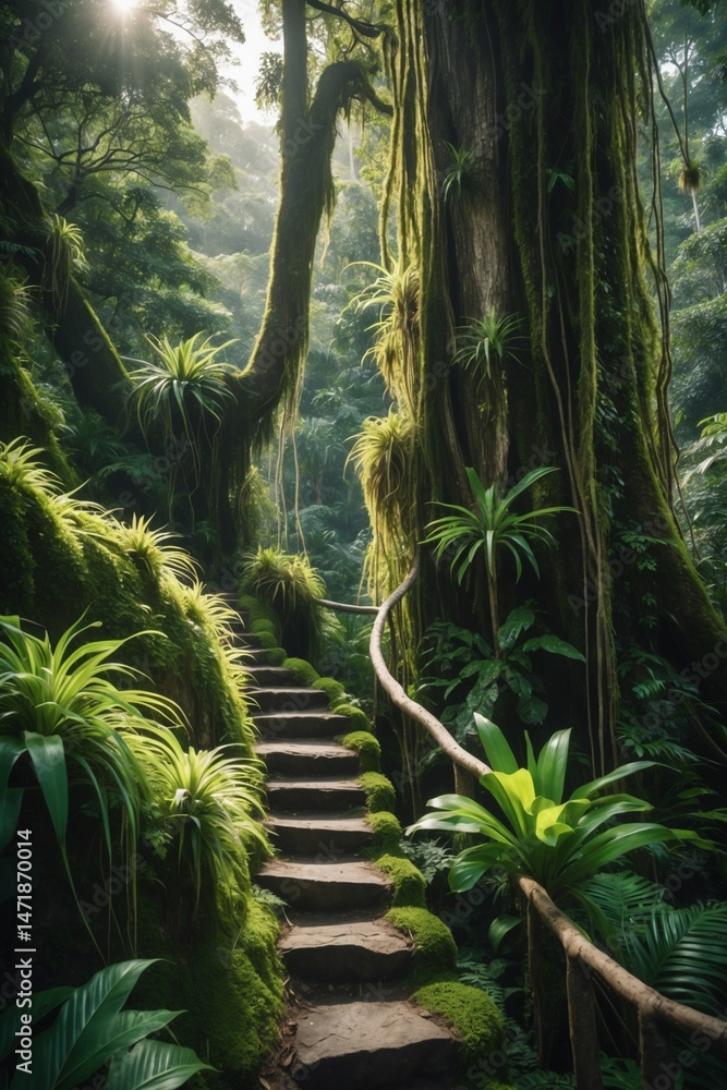 Naklejka premium Stone staircase winding through lush green jungle, suitable for nature themed designs, travel publications, adventure websites, and tropical destination promotions.