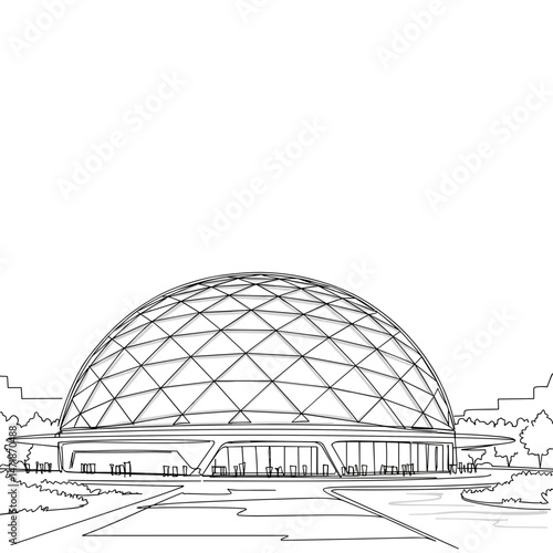 Futuristic glass dome pavilion — one-line vector illustration for Expo 2025 innovation and architectural design themes