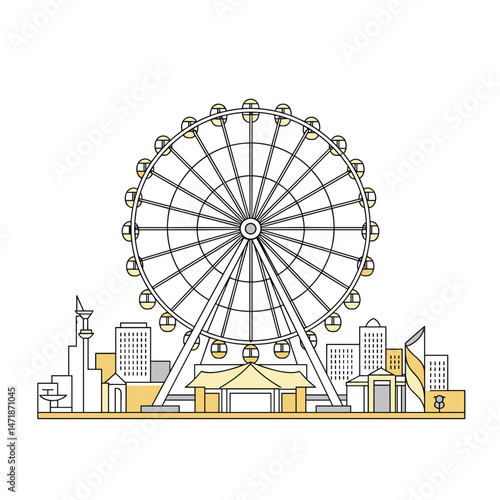 Ferris wheel at Expo 2025 site — one-line vector illustration with gold color accents for tourism and event branding