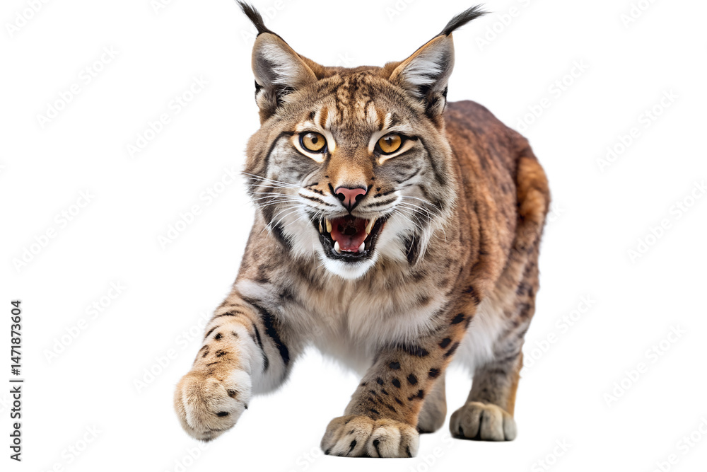 Obraz premium Aggressive lynx stalking forward isolated on black background wildlife portrait, lynx, wildcat, cat, animal, predator, wildlife, mammal, feline, isolated, black background, carnivore, hunter, stalking