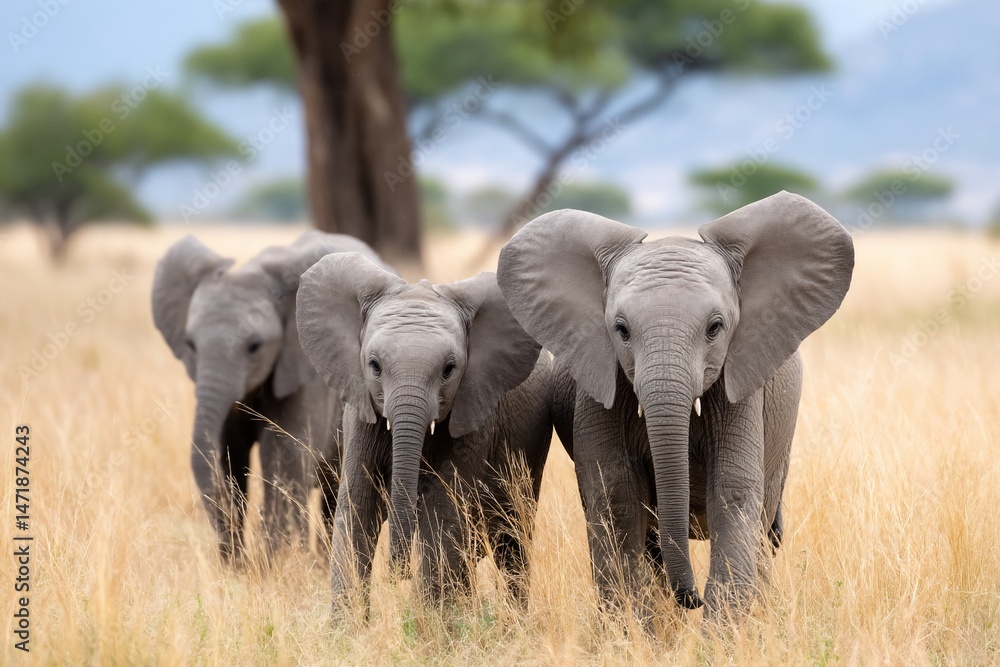 Obraz premium Three baby elephants walk through tall grass with trees in background, cute and cuddly