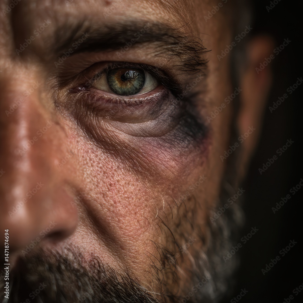 Fototapeta premium Close-up on a man's face with a black eye. The man has a beard and the eye is green. The skin is wrinkled. A dark background.
