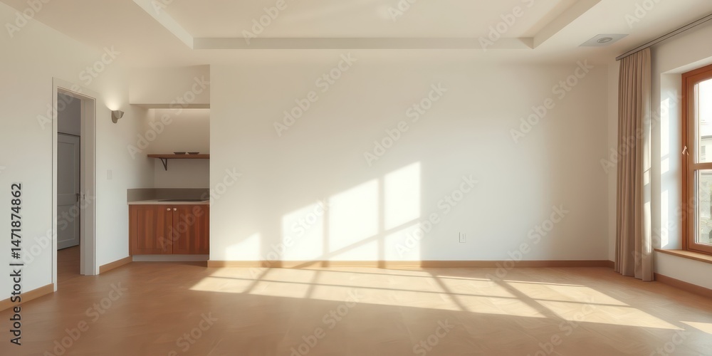 Fototapeta premium Sunlit Empty Room with Hardwood Floor and Minimalist Kitchenette