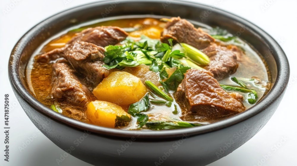 Hearty beef and potato stew in a bowl Hearty beef and potato stew in a bowl
