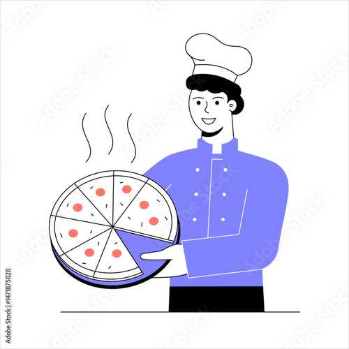 Pizza maker holding pizza in hand. Linear style illustration.