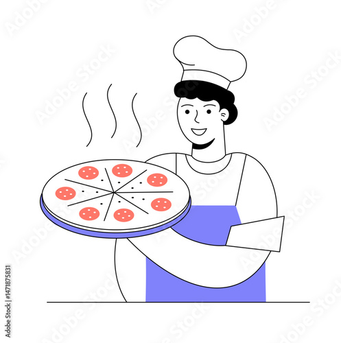 Pizza maker holding pizza in hand. Linear style illustration.