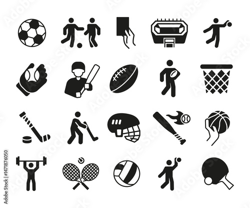 Sports icons. Large set of sports trendy minimal icons. Baseball Bat, Basketball Hoop, Soccer Ball, Tennis Racket icon. Design signs for web page, mobile app, packaging design. Vector illustration.